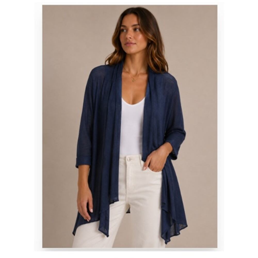 Maria Bellentani Linen Open Front Cardigan Womens M Blue Lightweight Sweater
